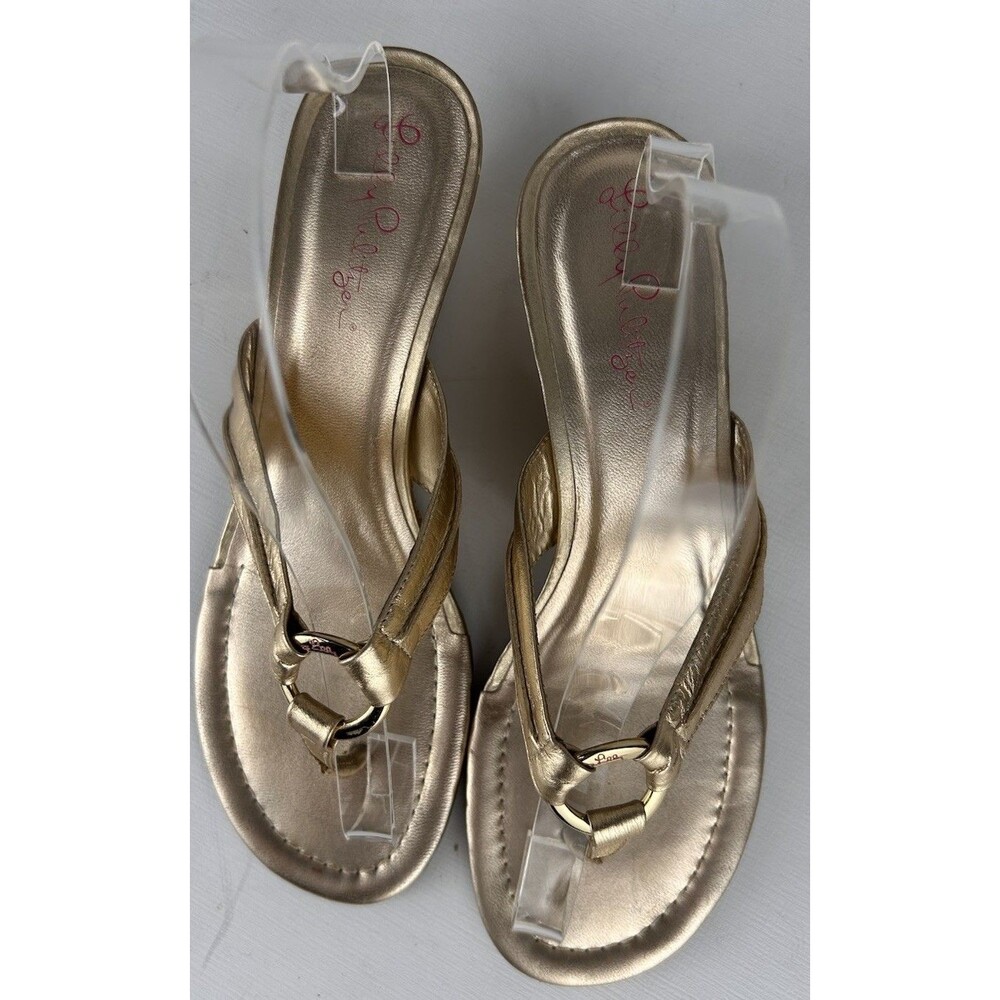 LILLY PULITZER WOMEN'S MCKIM GOLD LEATHER Woven Wedge Thong Slide Sandal 7.5 - Picture 4 of 9